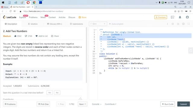 Разбор задачи 2 leetcode.com Add Two Numbers. Решение на C++ смотреть онлайн