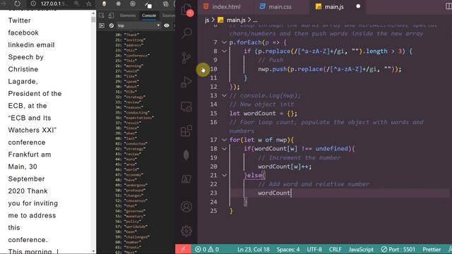 Html, Css, Javascript, Find most common used words in text string.