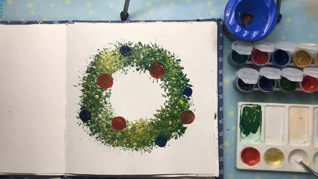 Как нарисовать рождественский венок гуашью. Рисуем коктейльными трубочками. Уроки рисования. смотреть онлайн