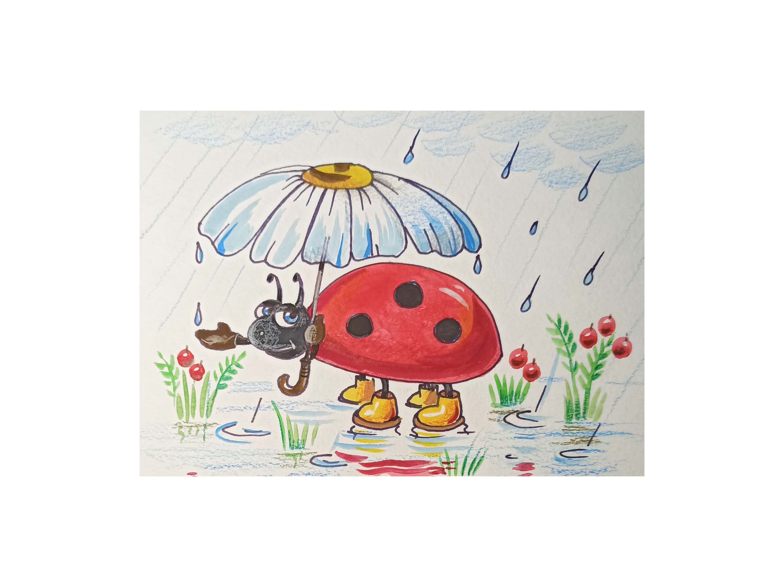 Летний дождик - рисунок линером и красками.
