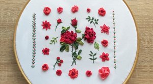 Семплер розы, вышивка шелковыми лентами