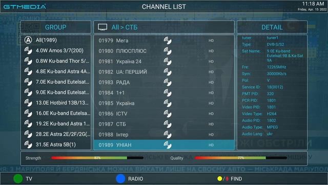 Украинские каналы на спутнике Eutelsat 9e в T2-MI для Т2 телевышек. смотреть онлайн