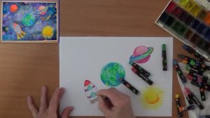 Как нарисовать простой космический пейзаж. Легко детям. Восковые мелки и акварель