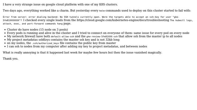 DevOps & SysAdmins: Google Cloud Platform: K8s Master Cannot Ssh To Nodes