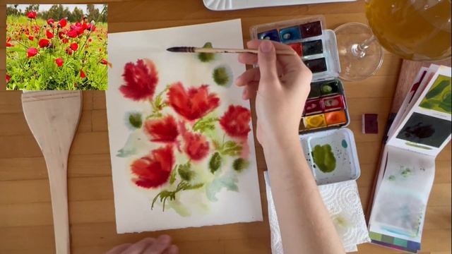 Рисуем МАКИ акварелью | ТЕХНИКА ПО МОКРОМУ