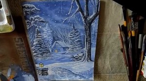 Рисуем зимний пейзаж гуашью поэтапно/ How to Draw a Winter Scene