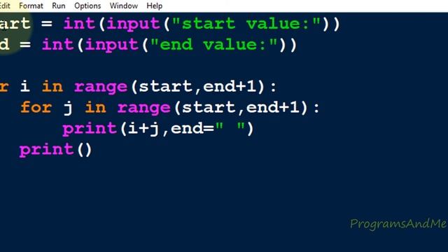 Python Program To Print Addition Table