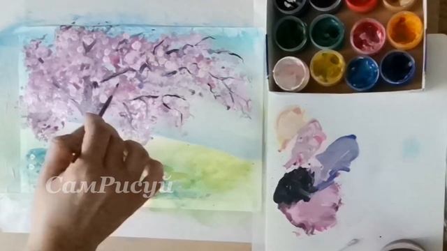 КАК Нарисовать сакуру цветущий сад  весенний пейзаж поэтапно гуашью