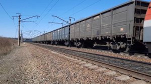 Электровозы 4ЭС5К-009 и 2ЭС5К-056/052 "Ермак" со сдвоенным грузовым поездом.
