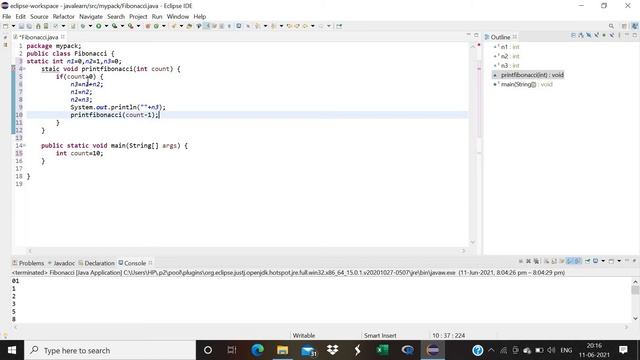 Fibonacci series in java program using recursion method