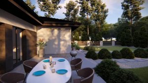 Z423 Современный одноэтажный дом с многоскатной крышей и гаражом на две машины.