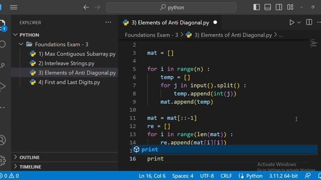 Elements of Anti Diagonal | Foundations Exam - 3 | Python | CCBP 4.0
