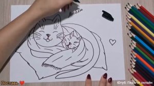 Рисунок на ДЕНЬ МАТЕРИ. Мама кошка и котёнок. How to draw a cat. Drawing for MOTHER's DAY