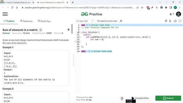 Sum of elements in a matrix  || GFG Coding || 100% Test Cases Passed || gorakhcodes