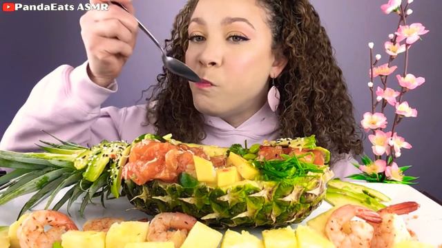 ASMR SALMON SUSHI POKE PINEAPPLE BOWL| HAWAIIAN POKE| RAW SALMON MUKBANG| EATING SOUNDS| PandaEats