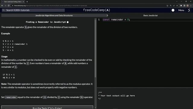 JavaScript Basic 20: The Remainder Operator | FreeCodeCamp | JS Algorithms and Data Structures