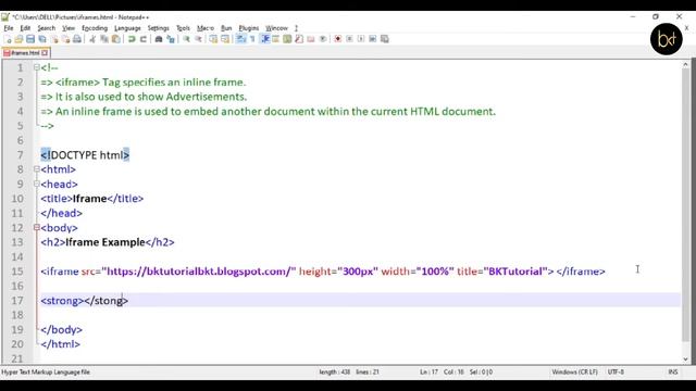 HTML- How To Display Other Document in Web Page Using Iframe | Iframe Tag in HTML By #BKTutorial
