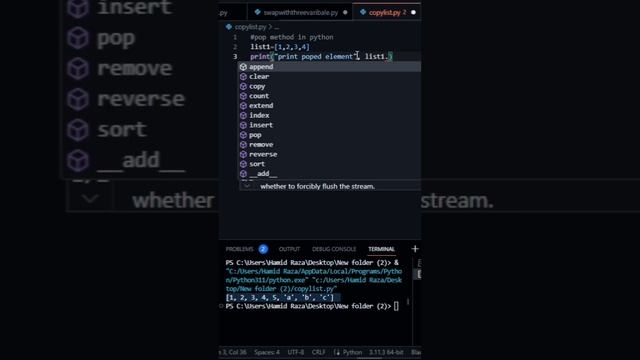 pop method in python to delete a Element #basicpython #viralvideo #shorts_
