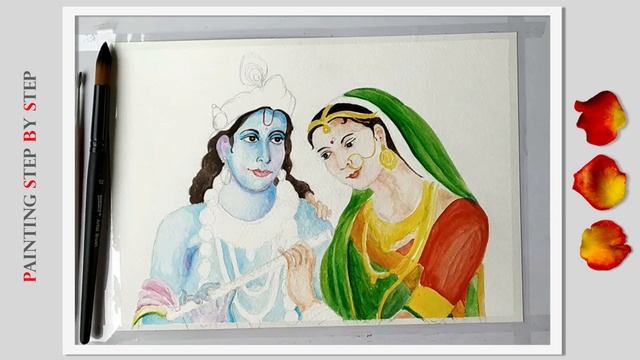 Radha Krishna painting watercolor for beginners राधा कृष्ण चित्र How to draw Radha Krishna Portrait смотреть онлайн