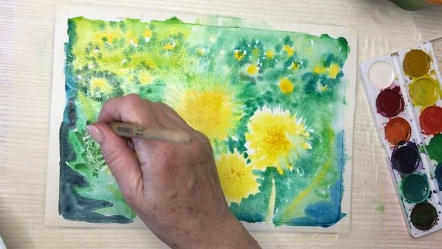 Рисование одуванчиков акварелью