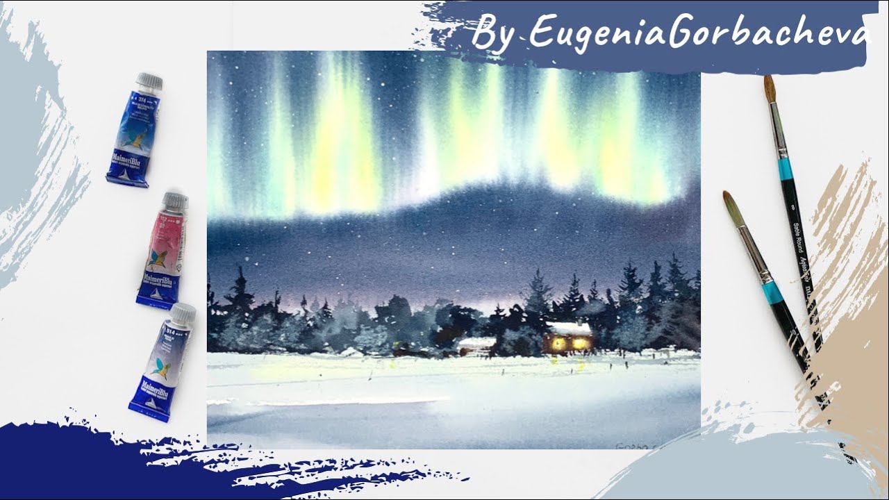 Как нарисовать Северное сияние акварелью | Акварельная картина "Снежный лес" | Демо смотреть онлайн