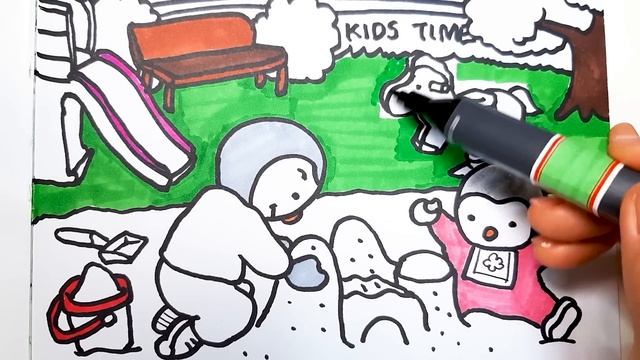 Play with Sand At the Playground Charley & Mimmo Coloring page for Kids&Toddlers❤How to draw Tchoup смотреть онлайн