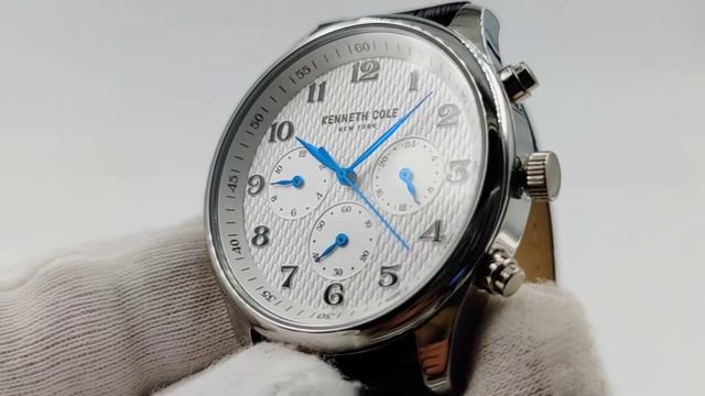 Часы мужские Kenneth Cole, классика белый циферблат с синими стрелками, кожаный ремешок с тиснением