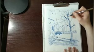 Пейзаж в смешанной технике (диатипия и акварель)