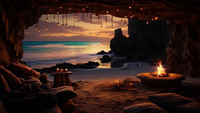Sunset on Cozy Beach in Cave Ambience with Campfire and Gentle Ocean Sounds for Relaxation смотреть онлайн