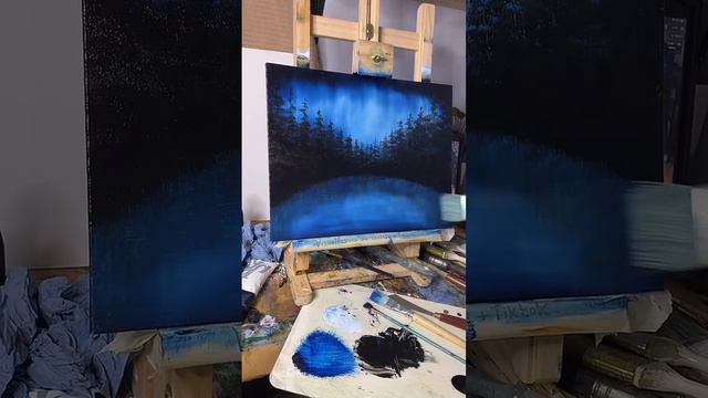How to Paint Midnight Blue Forest Oil Painting Art ASMR Wet on Wet Style Tutorial смотреть онлайн