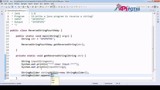 13 Write a java program to reverse a string using java.lang.StringBilder.reverse() || APIPOTHI смотреть онлайн