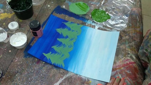 Рисуем таинственный лес гуашью. Учимся смешивать цвета, рисовать елочки. смотреть онлайн