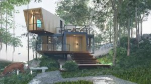 Укромный коттедж флэтхаус в лесу у ручья, современная архитектура в стиле хайтек, минимализм