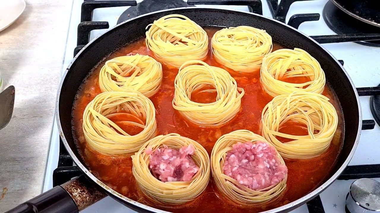 ГНЕЗДА ТАЛЬЯТЕЛЛЕ С МЯСНЫМ ФАРШЕМ   быстро, вкусно и в одной сковороде  Рецепт от Всегда Вкусно