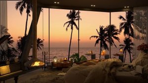 4K Summer Cozy Bedroom View of the Beach Sunset | Smooth Piano Jazz Music for Relaxing, Chilling
