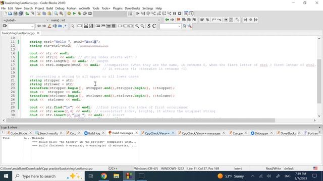 String Manipulation (concatenation, length, find, replace, upper, lower, erase, insert, compare)