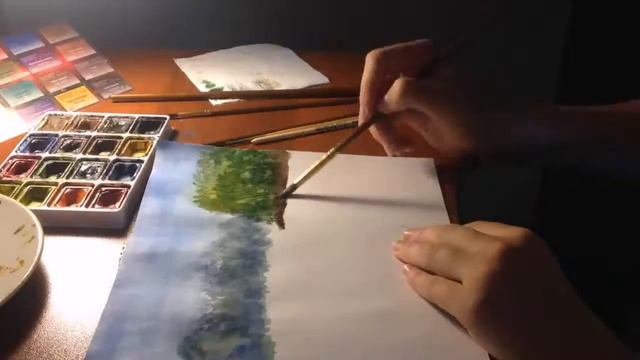 Рисуем Озеро , Сосны, акварелью смотреть онлайн