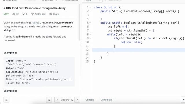 Leetcode | 2108. Find First Palindromic String in the Array | Easy | Java Solution