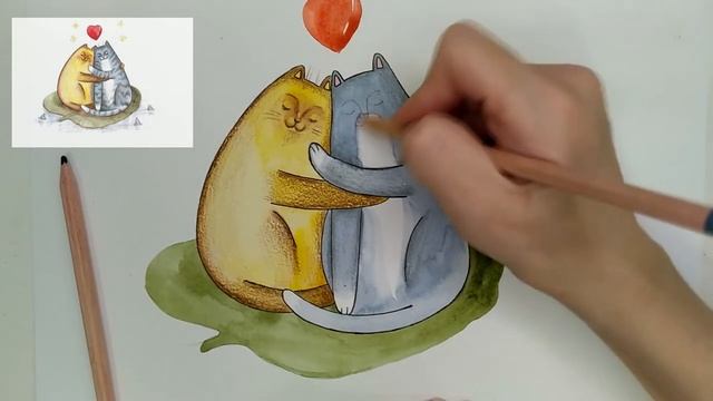 Как нарисовать кошку | Парочка на пруду #милыекотики #рисуемкотов #любовь #деньвалентина