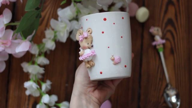 Подарок для девушки Медвежонок Тедди Мишка на кружке из полимерной глины Ручная работа Hand Made смотреть онлайн