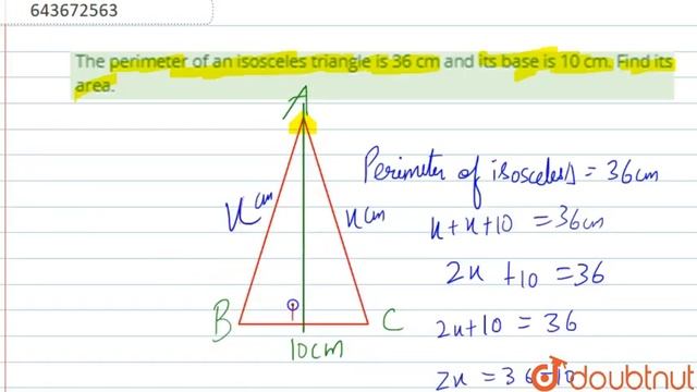 The perimeter of an isosceles triangle is 36 cm and its base is 10 cm. Find its area. | 7 | PERI... смотреть онлайн