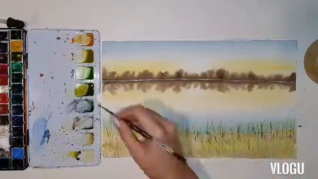 How to paint a simple Sunset at the Lake using watercolors - watercolor tutorial - grass field смотреть онлайн