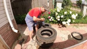 Колодец из покрышек для сбора дождевой воды. Режем покрышку.