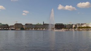 Hamburg, Germany: Binnenalster (Inner Alster Lake) with Alsterfontäne (fountain) - 4K Video Photo