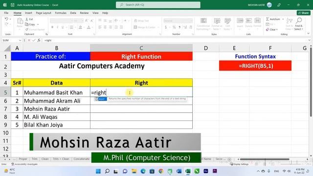?️ Right Function Explained in Urdu / Hindi | Learn MS Excel with Aatir Academy 2022
