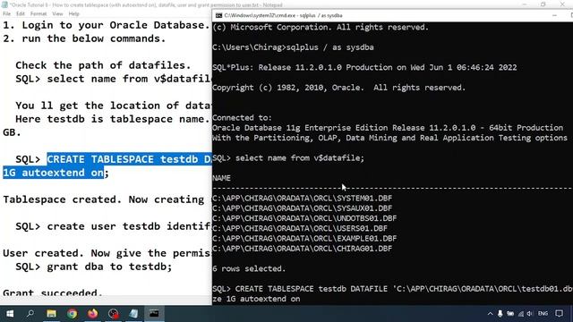 Oracle DBA Tutorial 4 - How to create tablespace (with autoextend on), datafile, user and grant