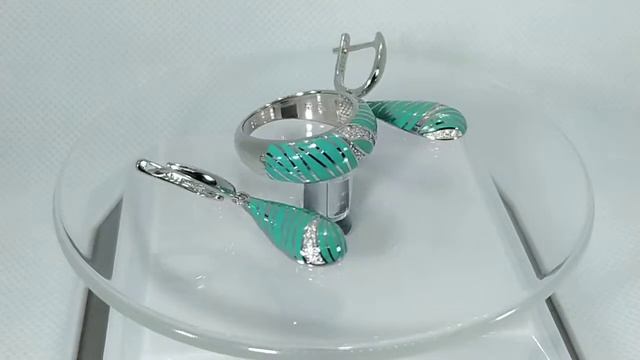 Кольцо и серьги с мятной ювелирной эмалью и белыми фианитами Серебро 925