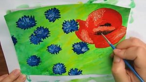 Рисуем васильки вилкой и мак. Интуитивное рисование