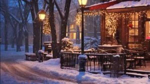 Зимняя улица в темное время суток, звуки ветра, свет фонарей и падающий снег