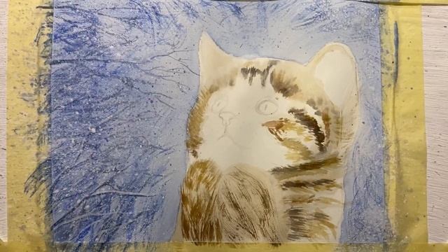 Как нарисовать котенка акварелью/Рисуем кота/Котенок в снегу/Кот акварелью/Новогодний рисунок